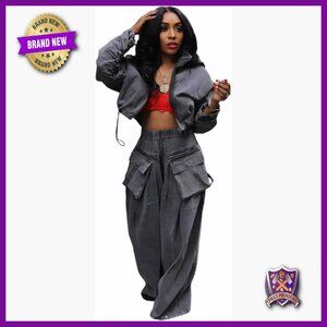 Denim Two Piece Set Cropped Jacket Wide Leg Pants Long Sleeve Zip Up